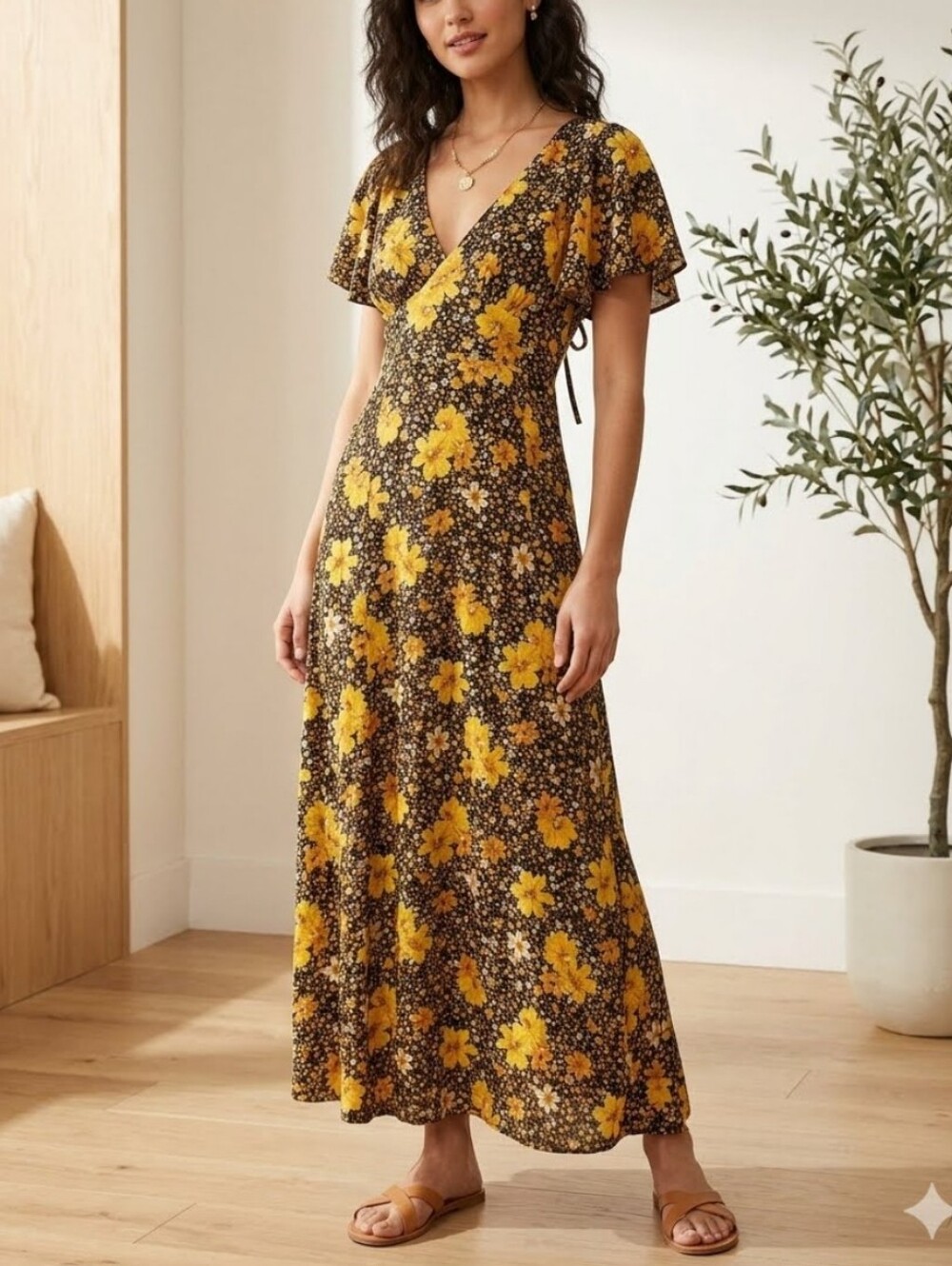 Vintage Y2K Brown Floral Empire Waist, Cottagecore, Artisan Whimsical Maxi Dress